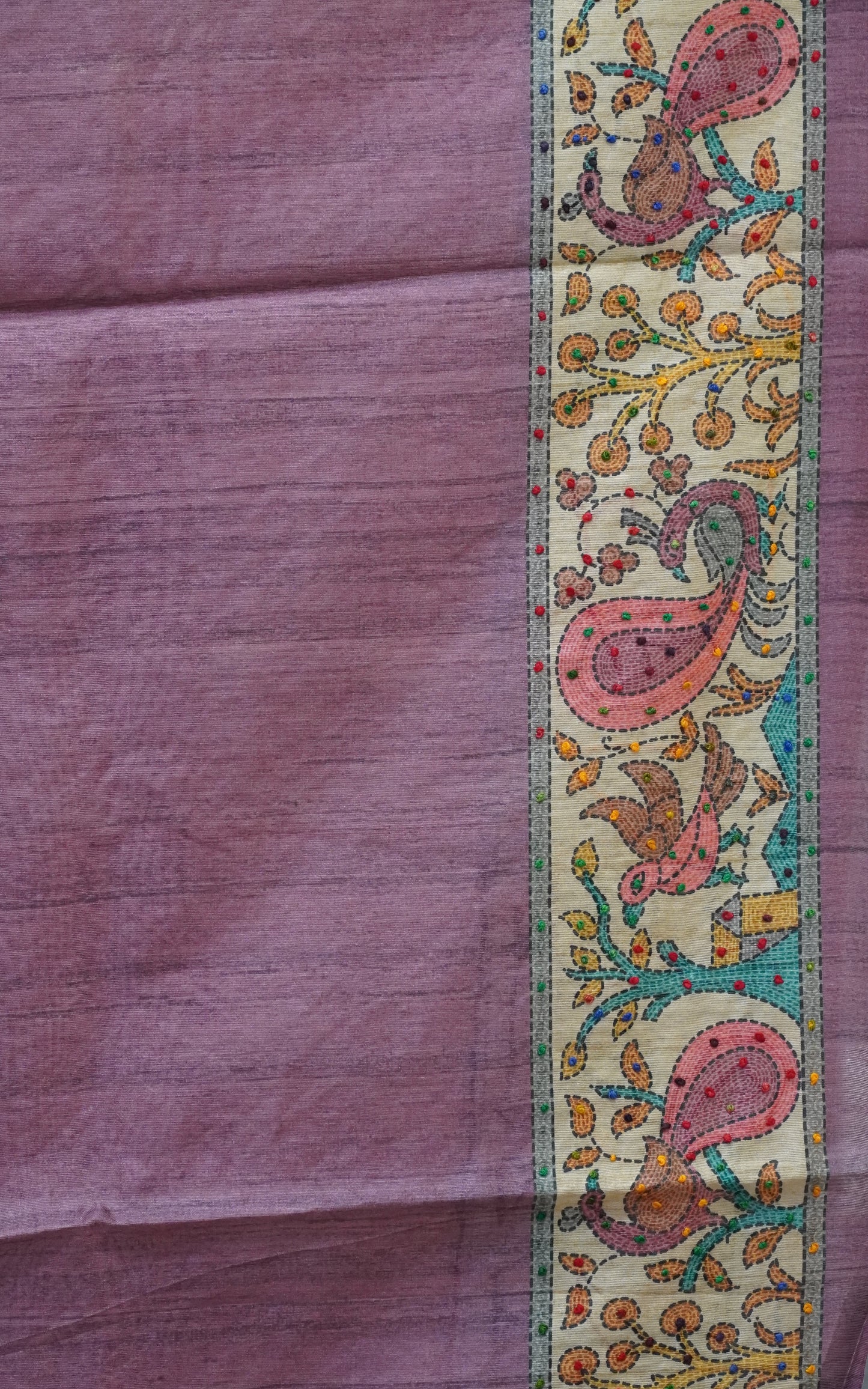 Semi Tussar Saree With French Knot & Kantha Work Zig Zag Pattern - Peach