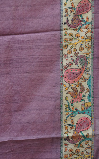Semi Tussar Saree With French Knot & Kantha Work Zig Zag Pattern - Peach