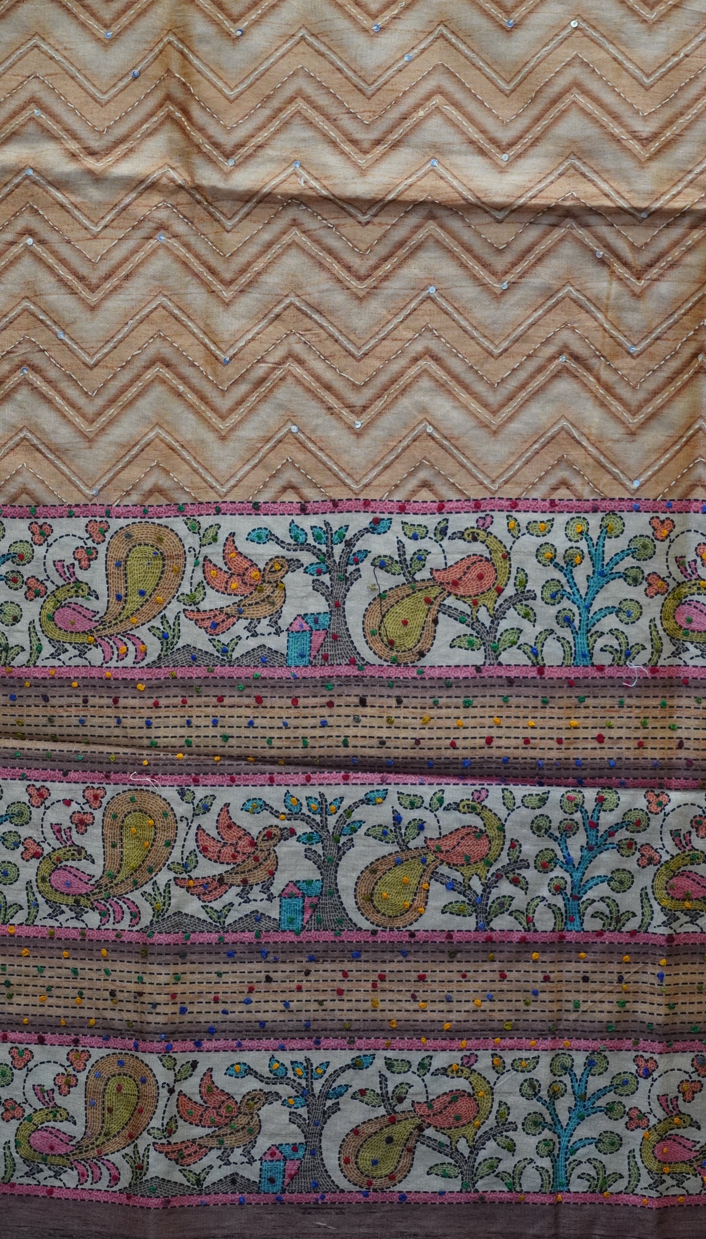 Semi Tussar Saree With French Knot & Kantha Work Zig Zag Pattern - Brown