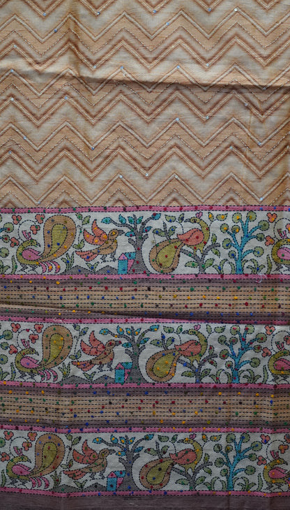 Semi Tussar Saree With French Knot & Kantha Work Zig Zag Pattern - Brown