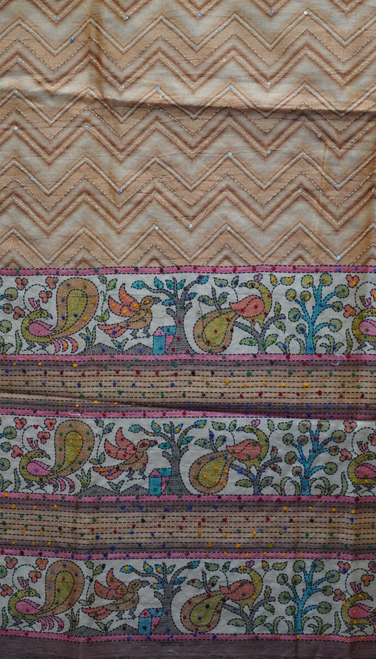 Semi Tussar Saree With French Knot & Kantha Work Zig Zag Pattern - Brown