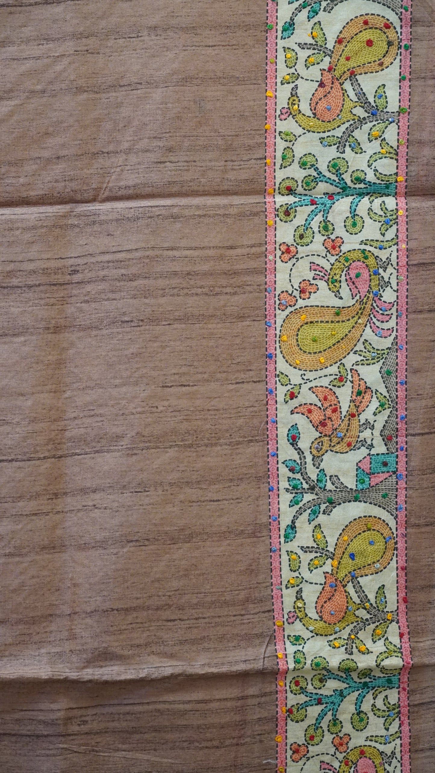 Semi Tussar Saree With French Knot & Kantha Work Zig Zag Pattern - Brown