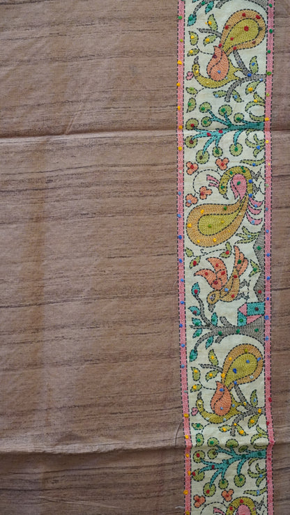 Semi Tussar Saree With French Knot & Kantha Work Zig Zag Pattern - Brown