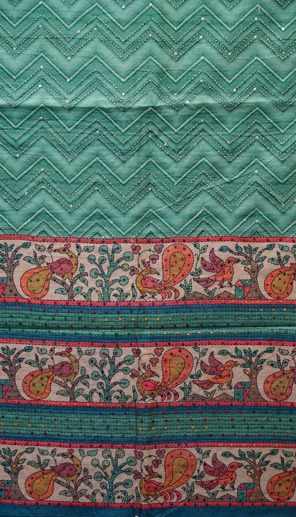 Semi Tussar Saree With French Knot & Kantha Work Zig Zag Pattern - Green