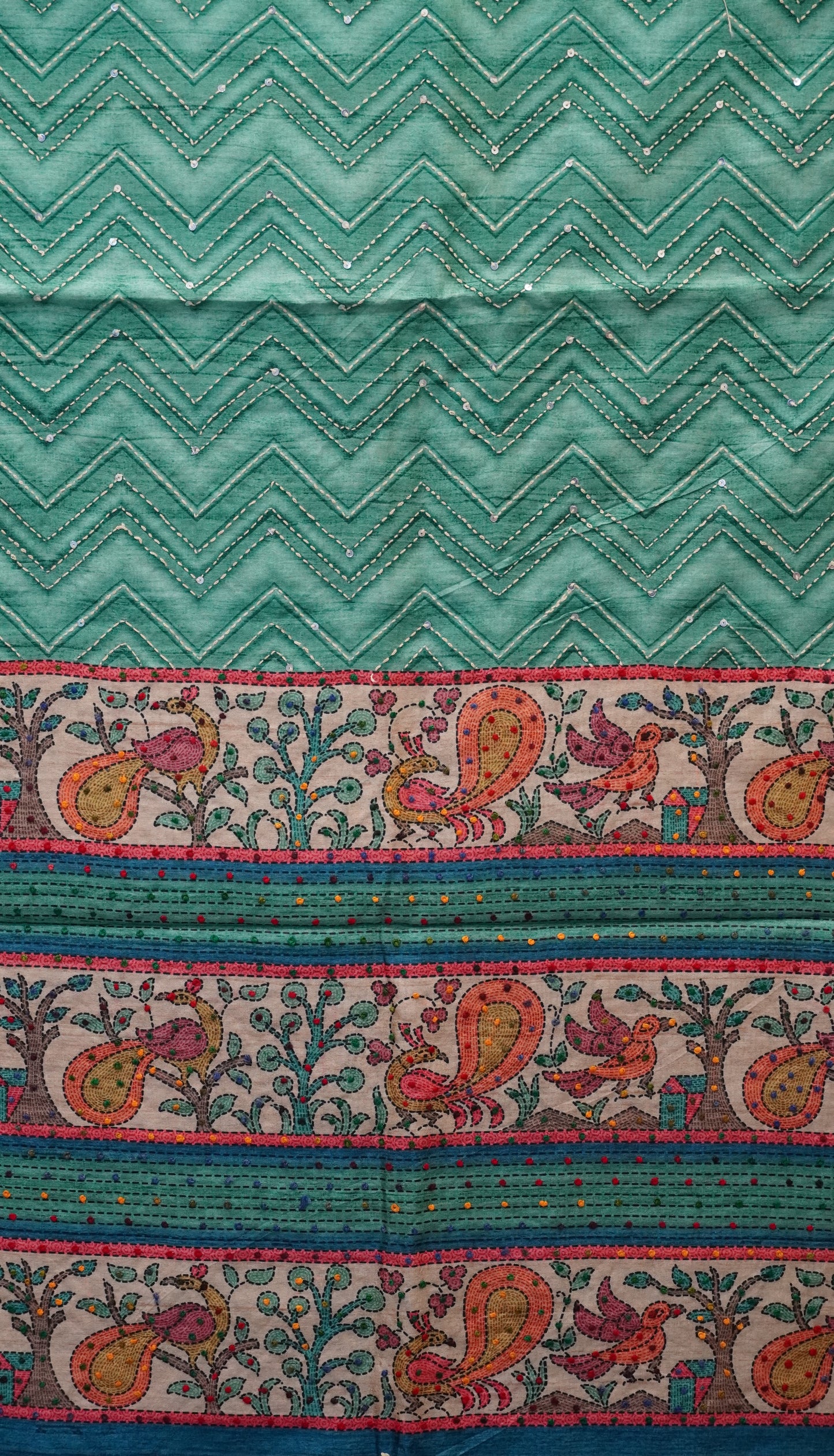 Semi Tussar Saree With French Knot & Kantha Work Zig Zag Pattern - Green