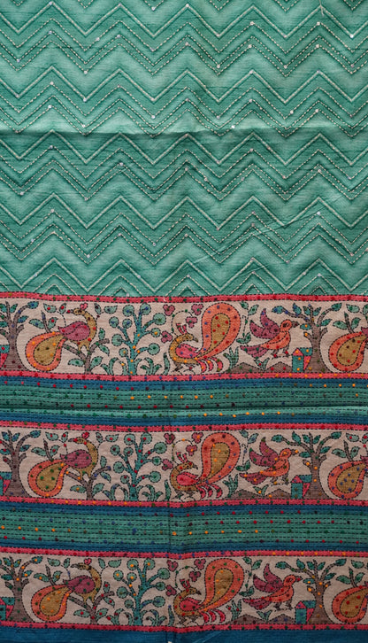 Semi Tussar Saree With French Knot & Kantha Work Zig Zag Pattern - Green