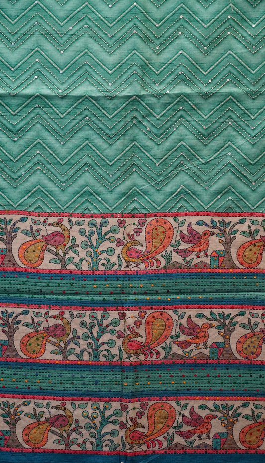 Semi Tussar Saree With French Knot & Kantha Work Zig Zag Pattern - Green