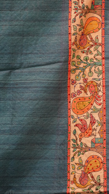 Semi Tussar Saree With French Knot & Kantha Work Zig Zag Pattern - Green
