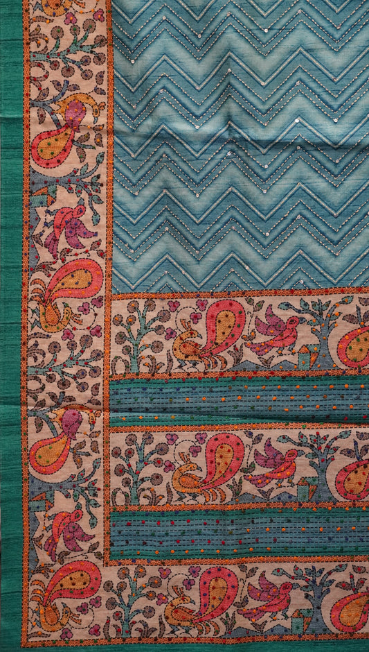 Semi Tussar Saree With French Knot & Kantha Work Zig Zag Pattern - Blue