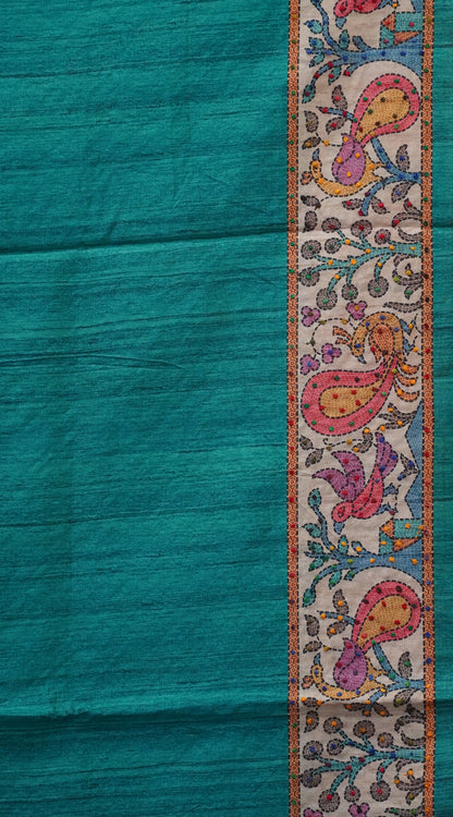 Semi Tussar Saree With French Knot & Kantha Work Zig Zag Pattern - Blue