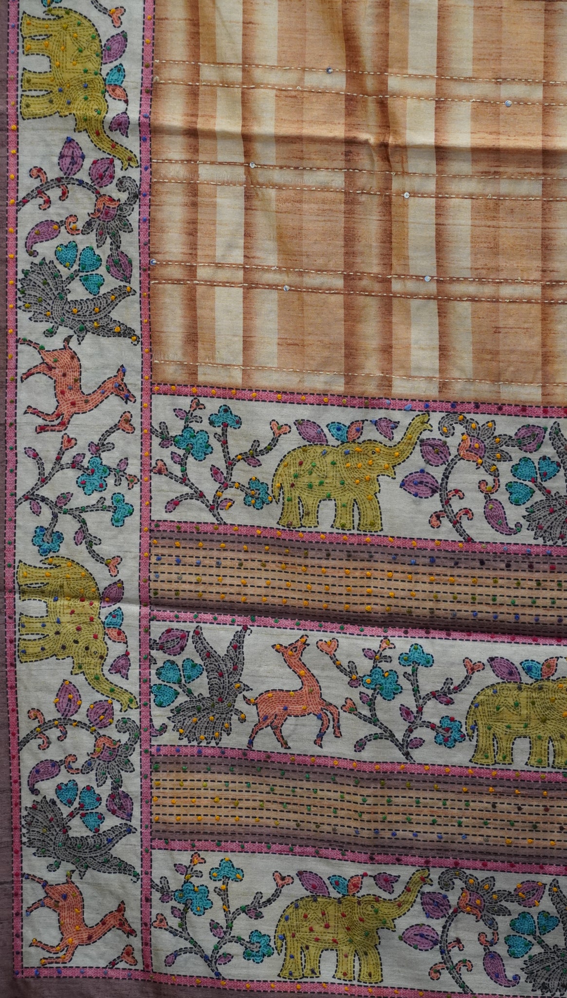 Semi Tussar Saree With French Knot & Kantha Work Checked Pattern - Brown