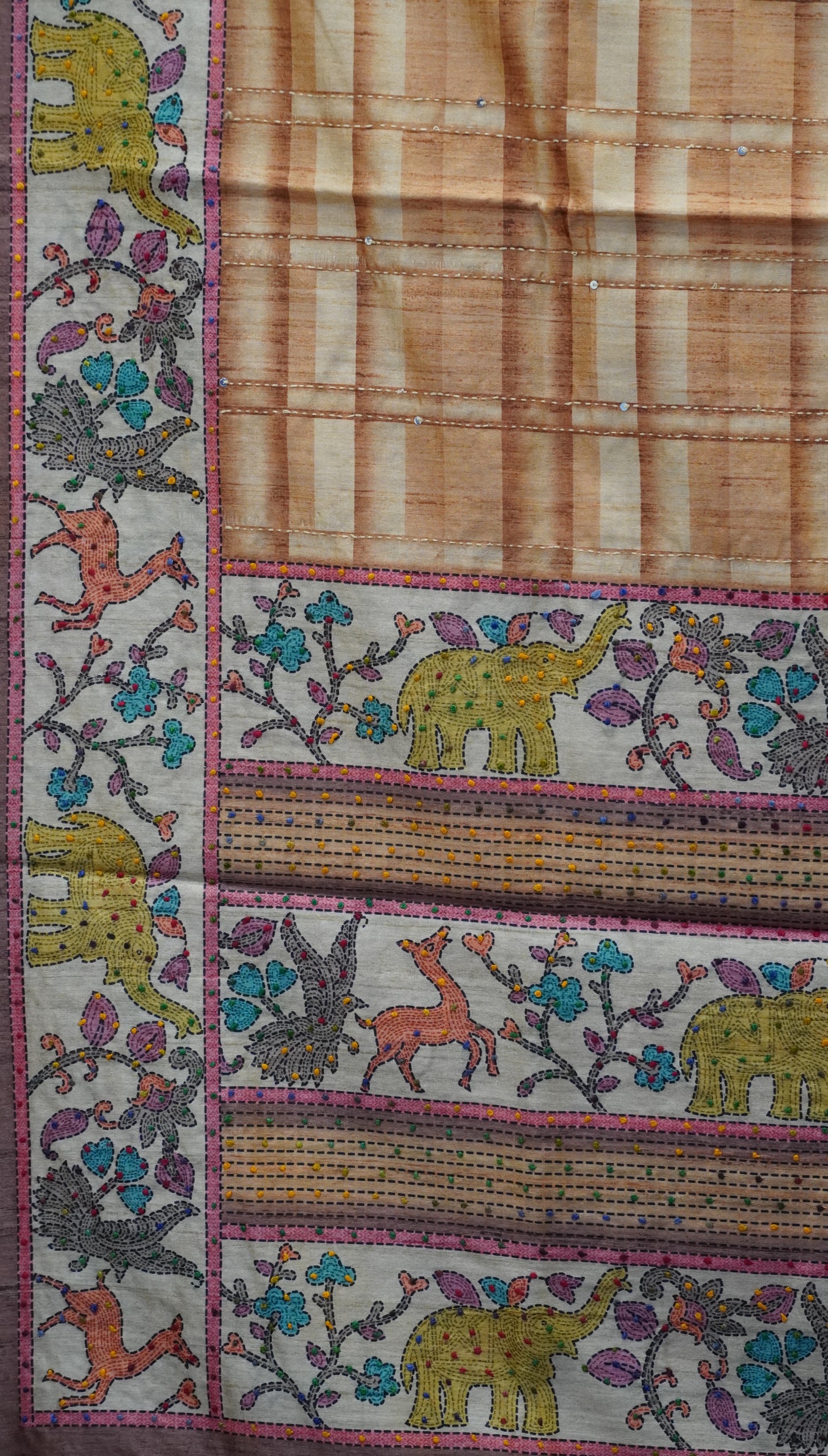Semi Tussar Saree With French Knot & Kantha Work Checked Pattern - Brown