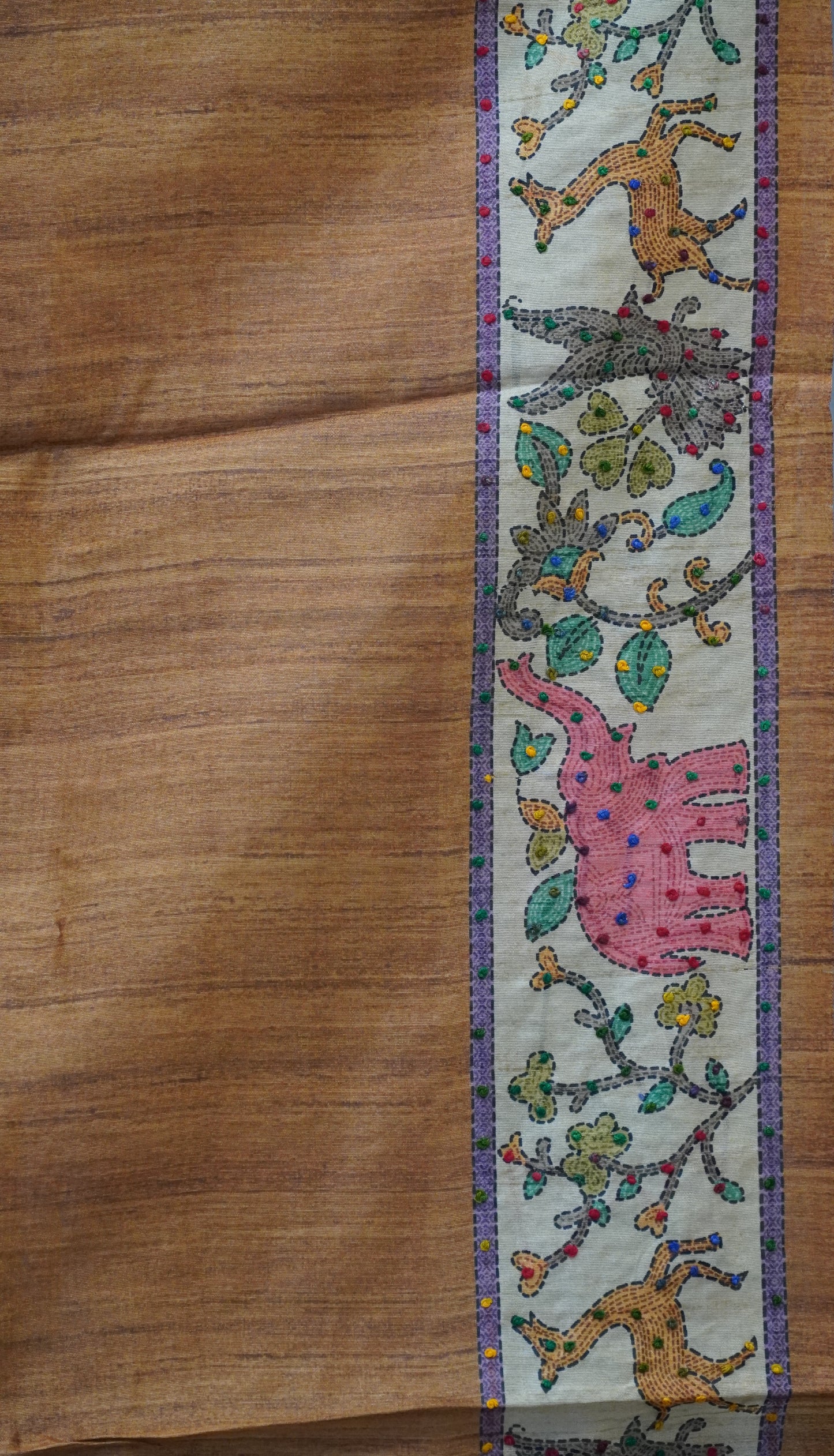 Semi Tussar Saree With French Knot & Kantha Work Checked Pattern - Grey