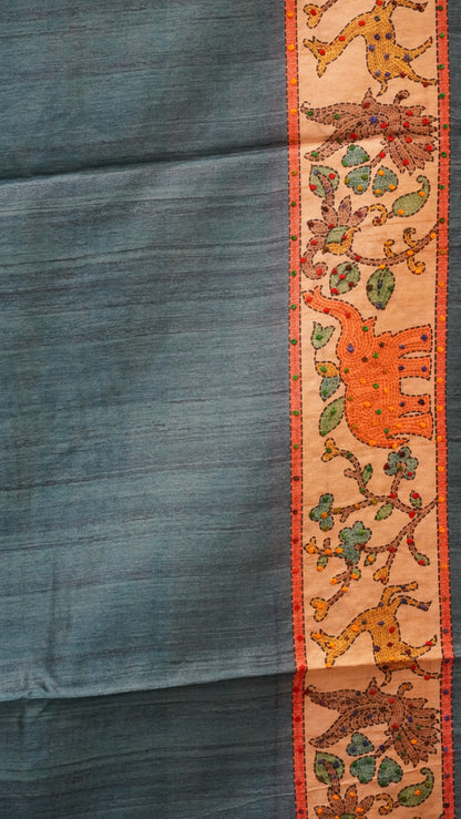 Semi Tussar Saree With French Knot & Kantha Work Checked Pattern - Green
