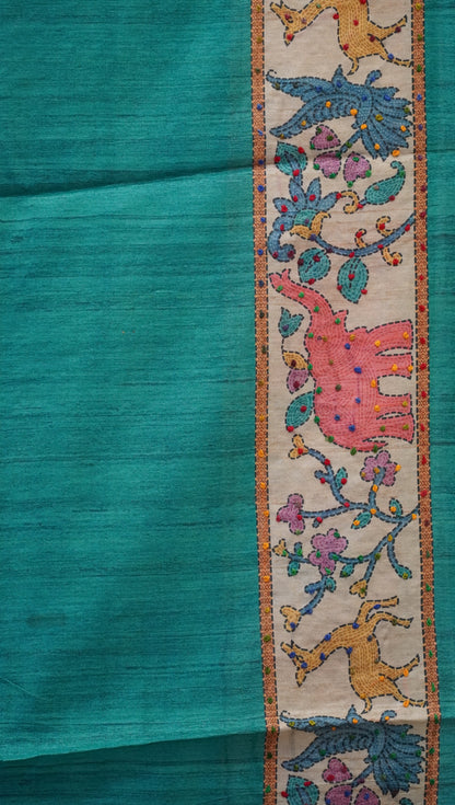 Semi Tussar Saree With French Knot & Kantha Work Checked Pattern - Blue