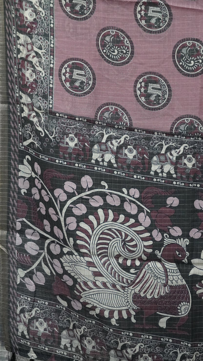 Semi Tussar Saree With Zari Checks And Figure Prints - Mauve