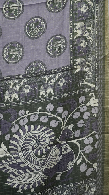 Semi Tussar Saree With Zari Checks And Figure Prints - Lavendar
