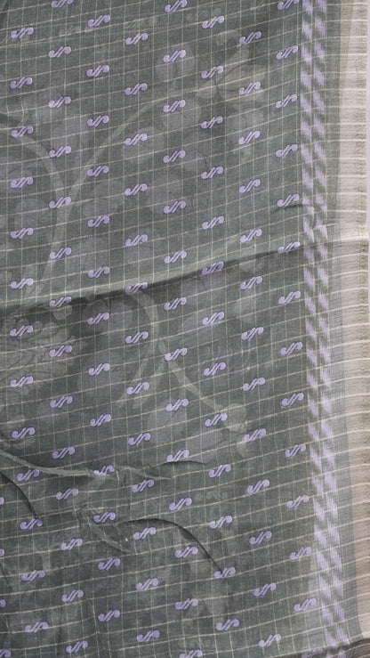 Semi Tussar Saree With Zari Checks And Figure Prints - Lavendar