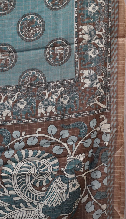 Semi Tussar Saree With Zari Checks And Figure Prints - Sea Green
