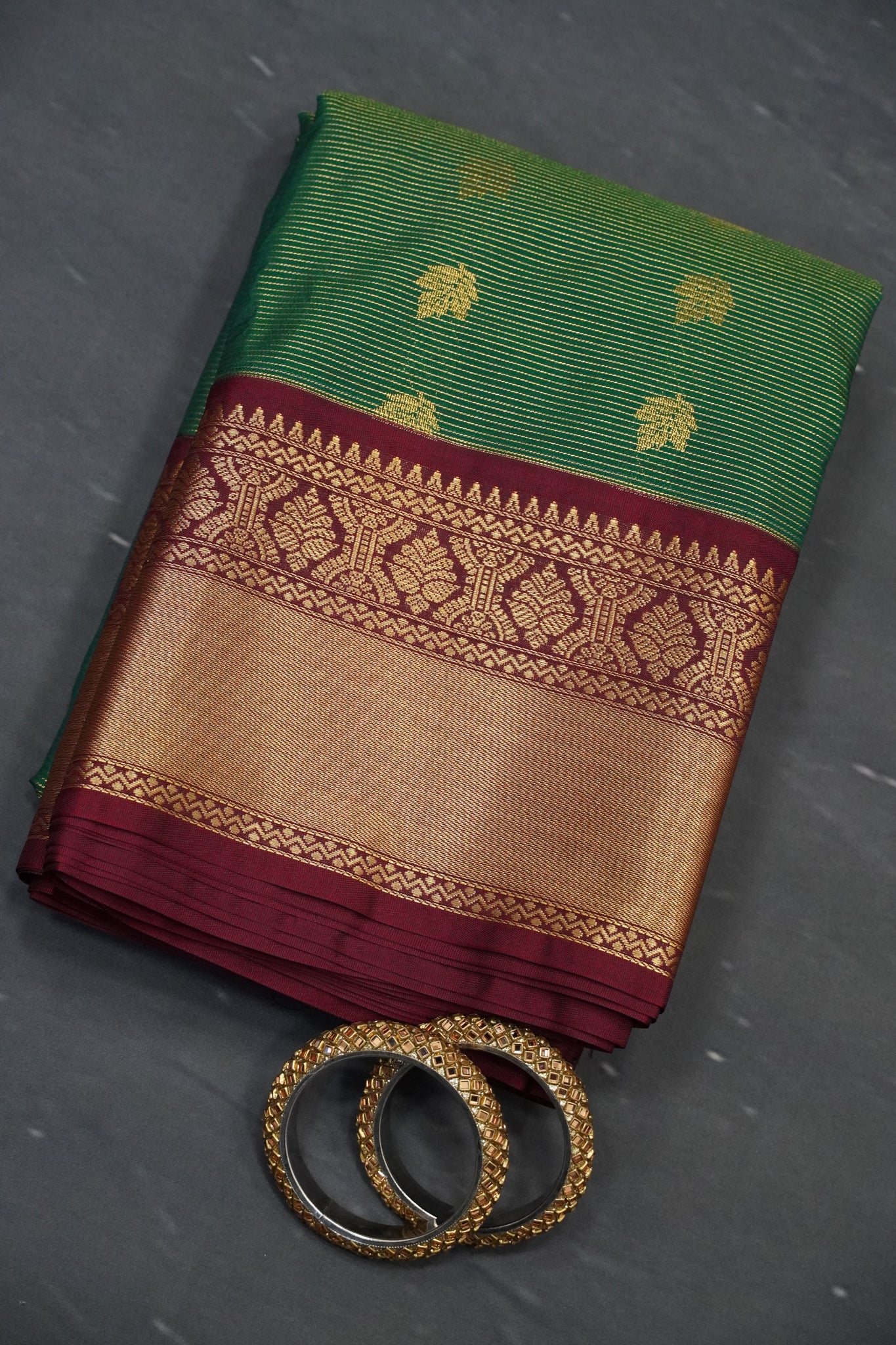 Semi Silk Saree - Green - Maroon