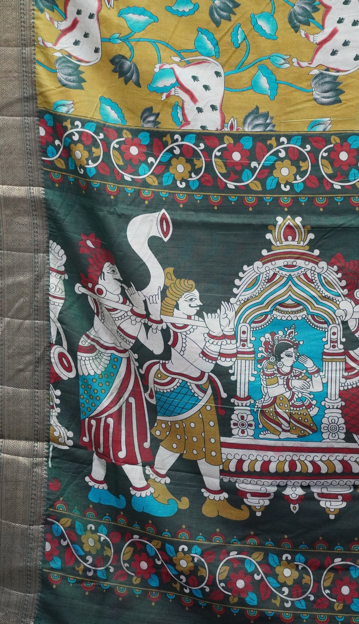 Semi Pattola Saree Pichwai Print - Olive Green