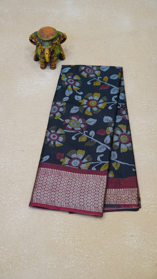 Dola Silk Saree Kalamkari - Black
