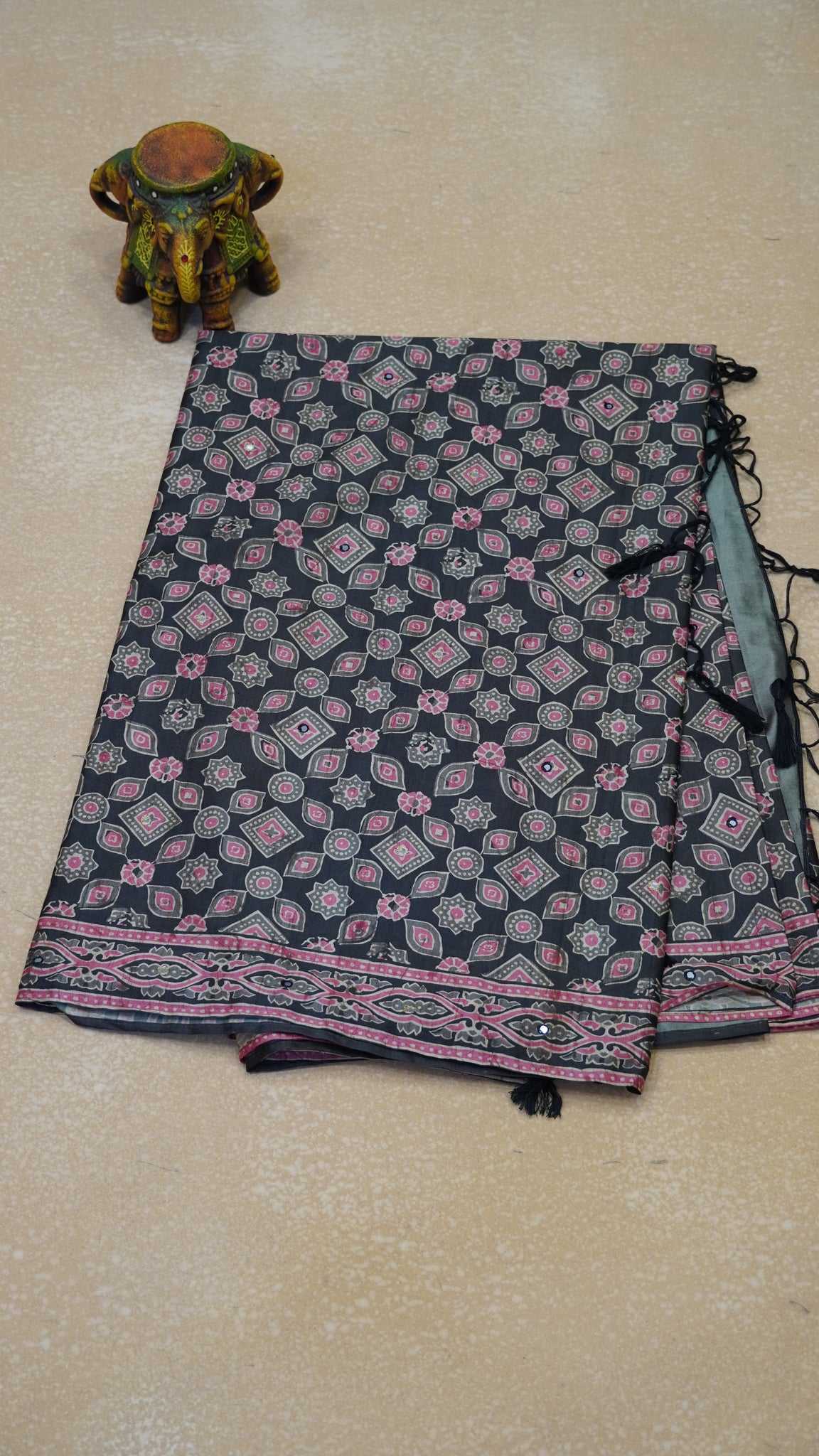 Semi Tussar Saree Ajrakh Print With Mirror Work - Black