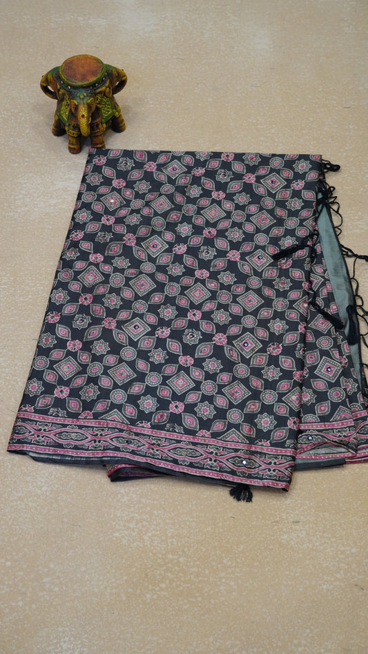 Semi Tussar Saree Ajrakh Print With Mirror Work - Black