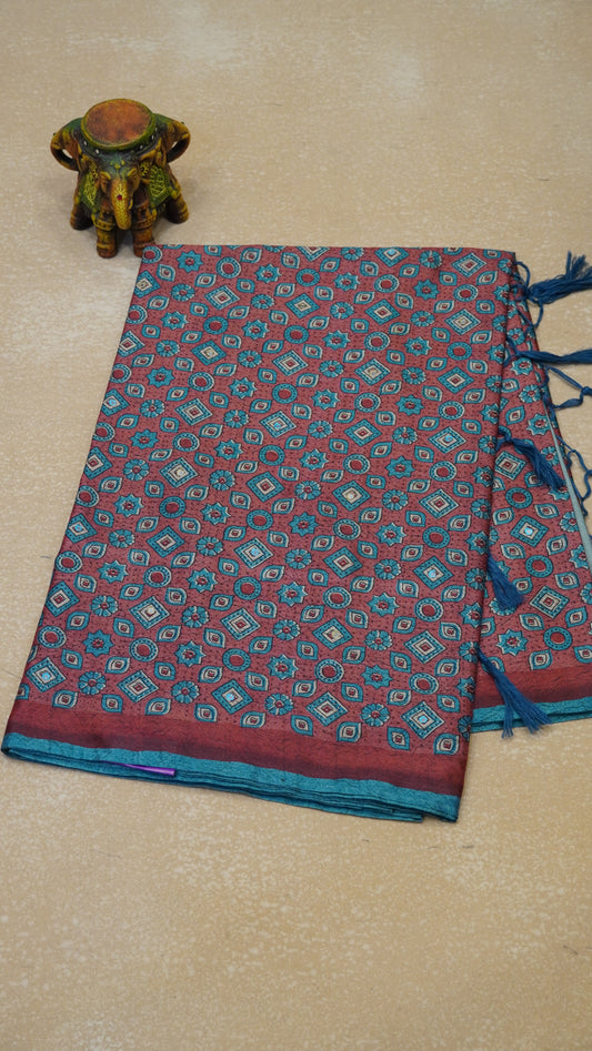 Semi Tussar Saree Ajrakh Print With Mirror Work - Rust
