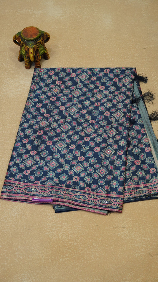 Semi Tussar Saree Ajrakh Print With Mirror Work - Navy Blue