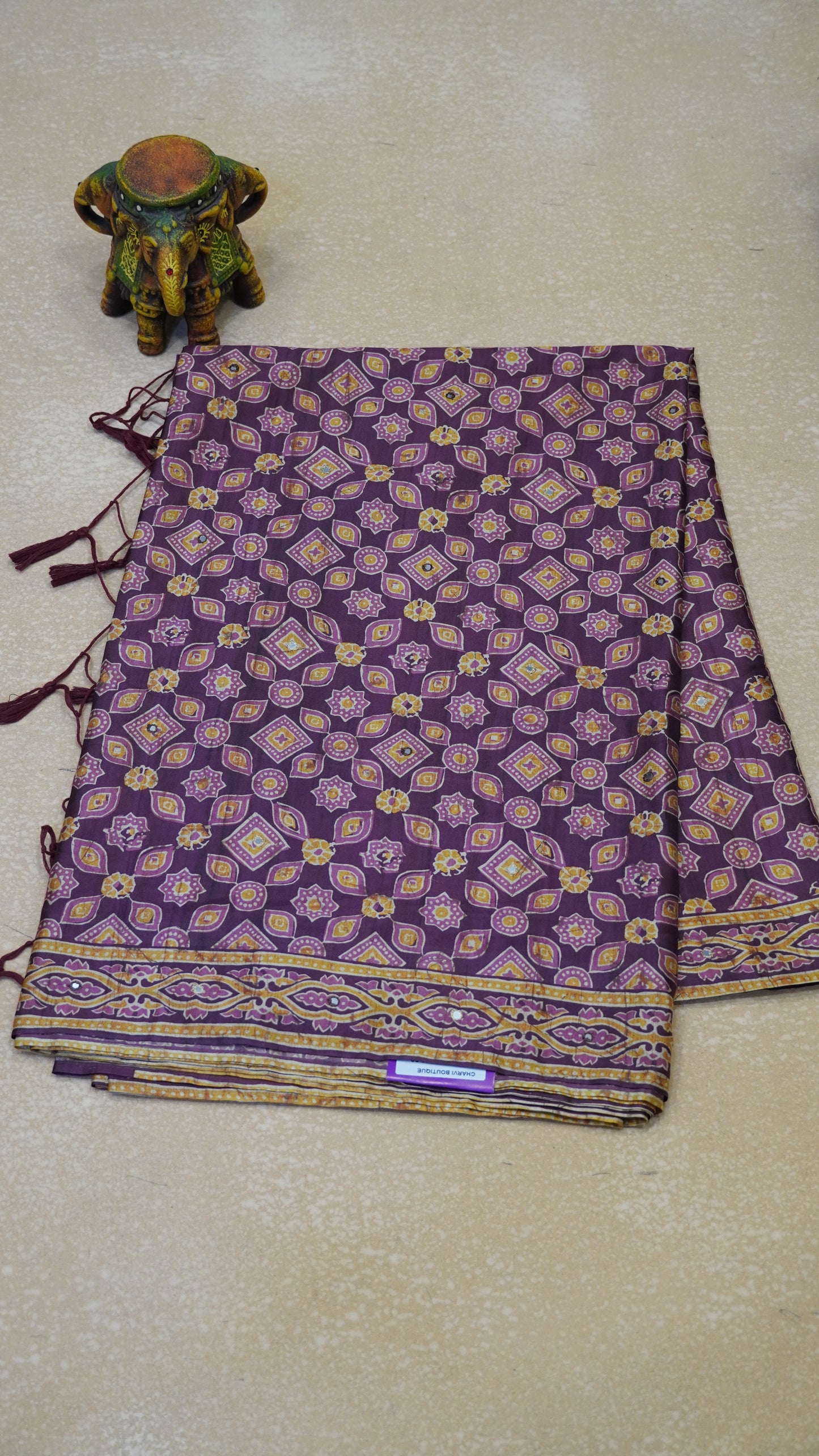Semi Tussar Saree Ajrakh Print With Mirror Work - Purple