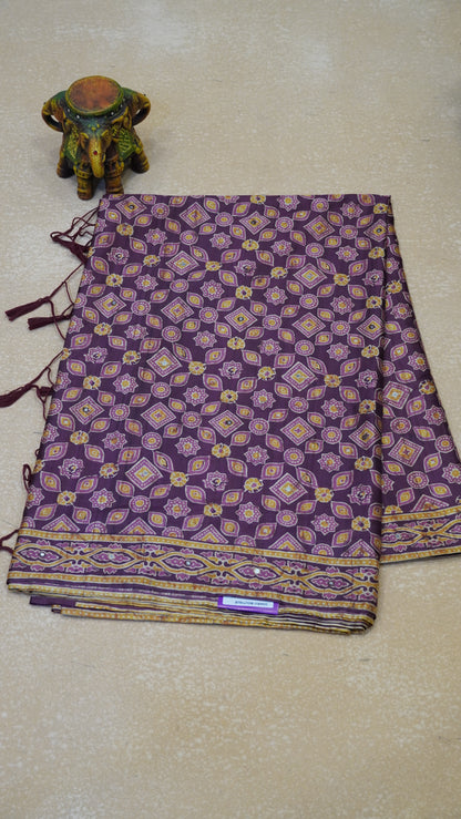 Semi Tussar Saree Ajrakh Print With Mirror Work - Purple
