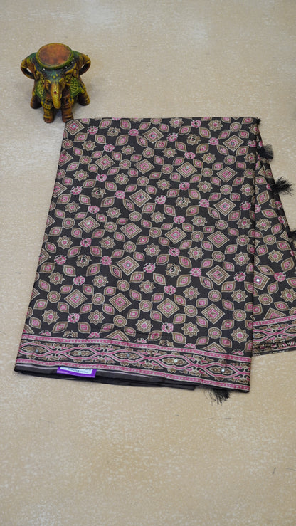 Semi Tussar Saree Ajrakh Print With Mirror Work - Brown