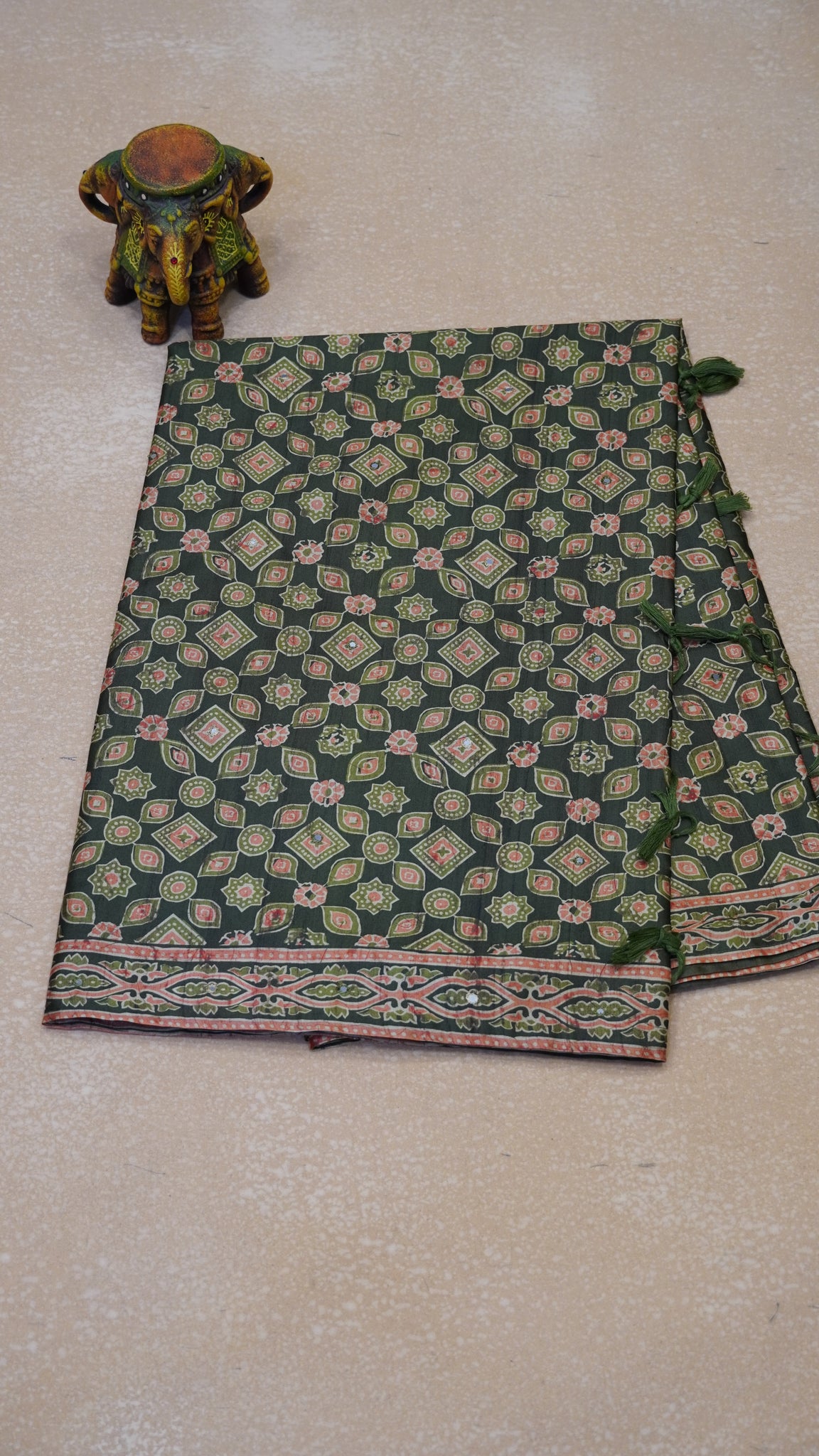 Semi Tussar Saree Ajrakh Print With Mirror Work - Green