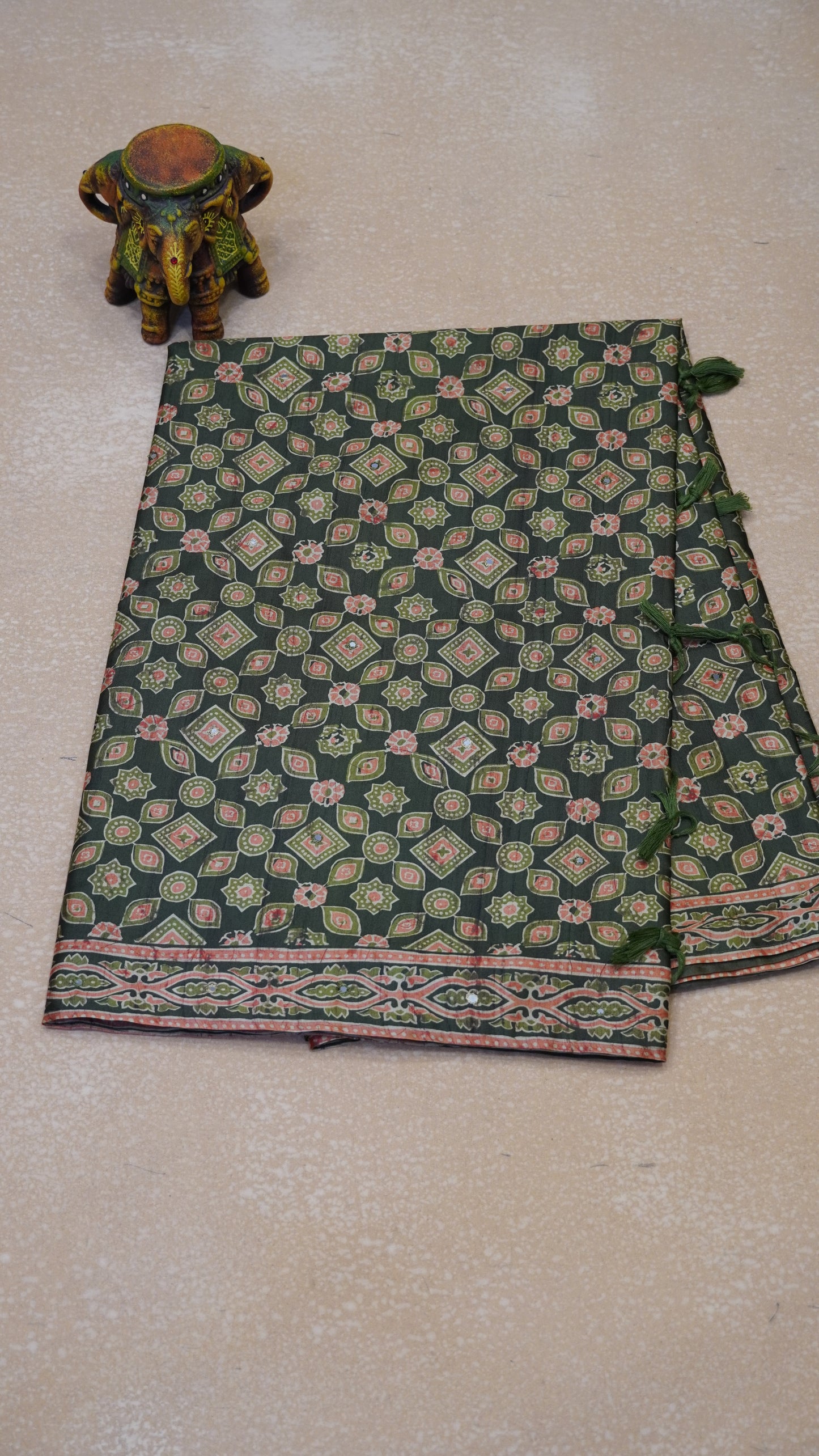 Semi Tussar Saree Ajrakh Print With Mirror Work - Green