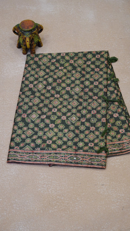 Semi Tussar Saree Ajrakh Print With Mirror Work - Green