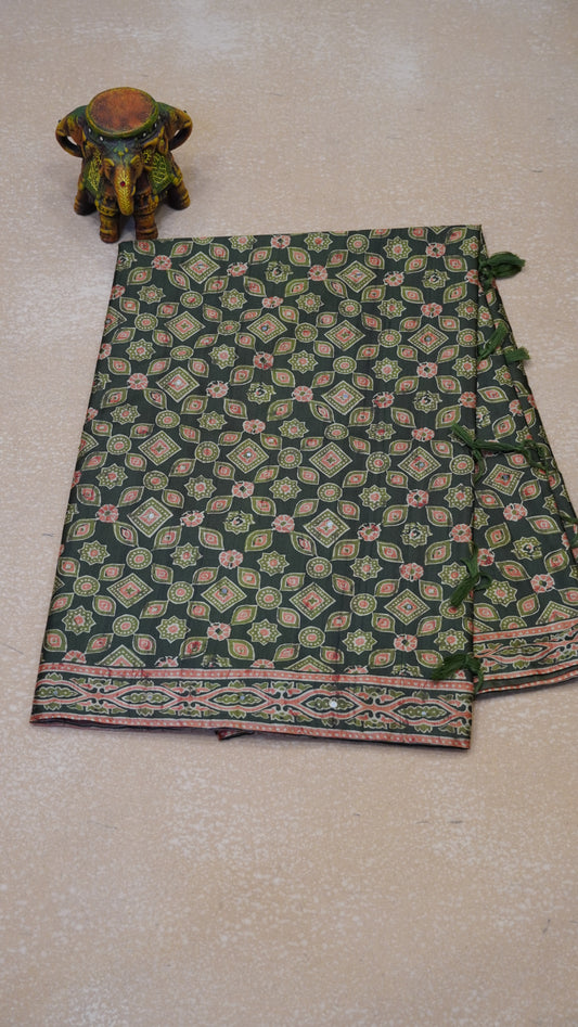 Semi Tussar Saree Ajrakh Print With Mirror Work - Green