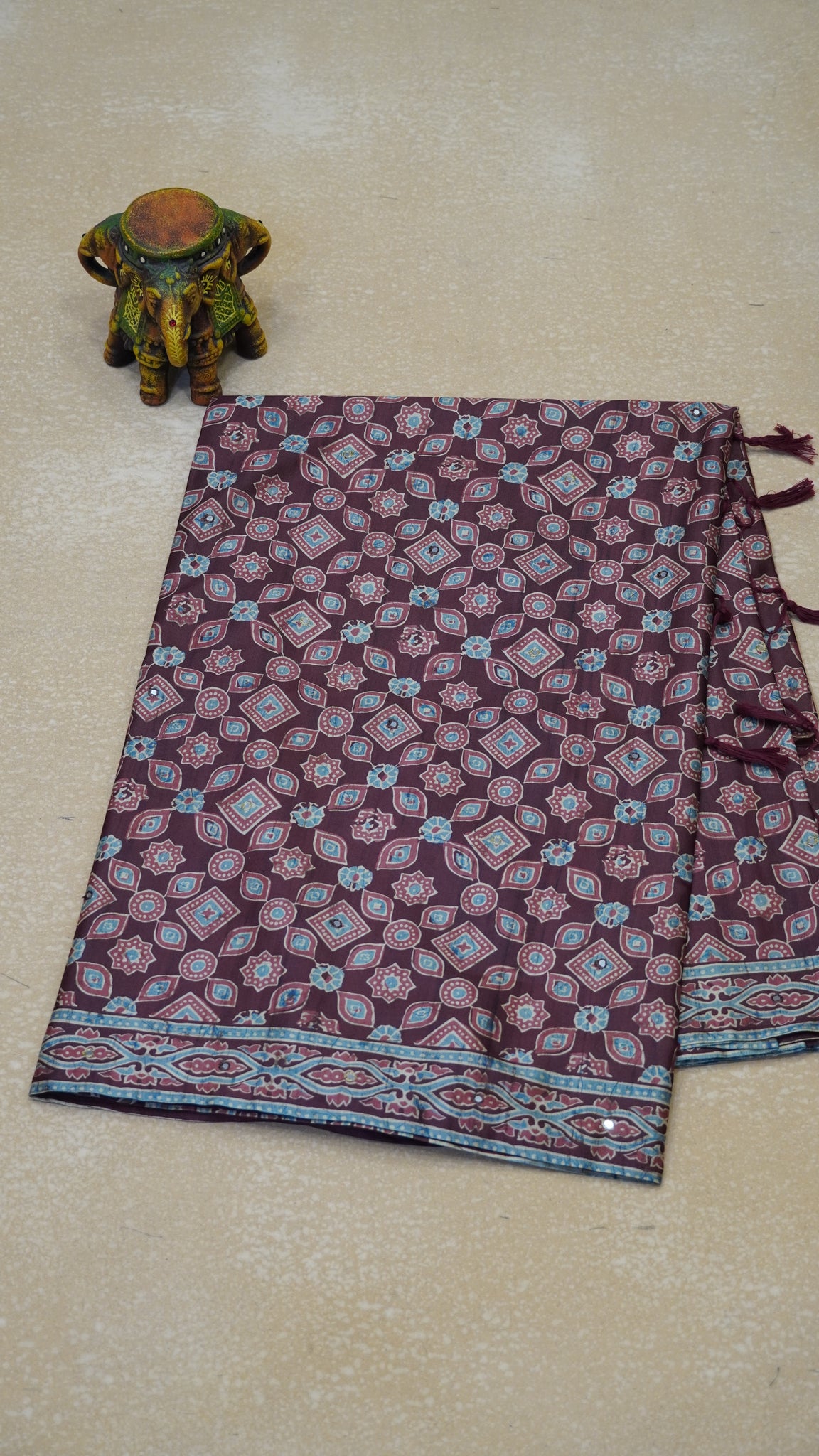 Semi Tussar Saree Ajrakh Print With Mirror Work - Maroon