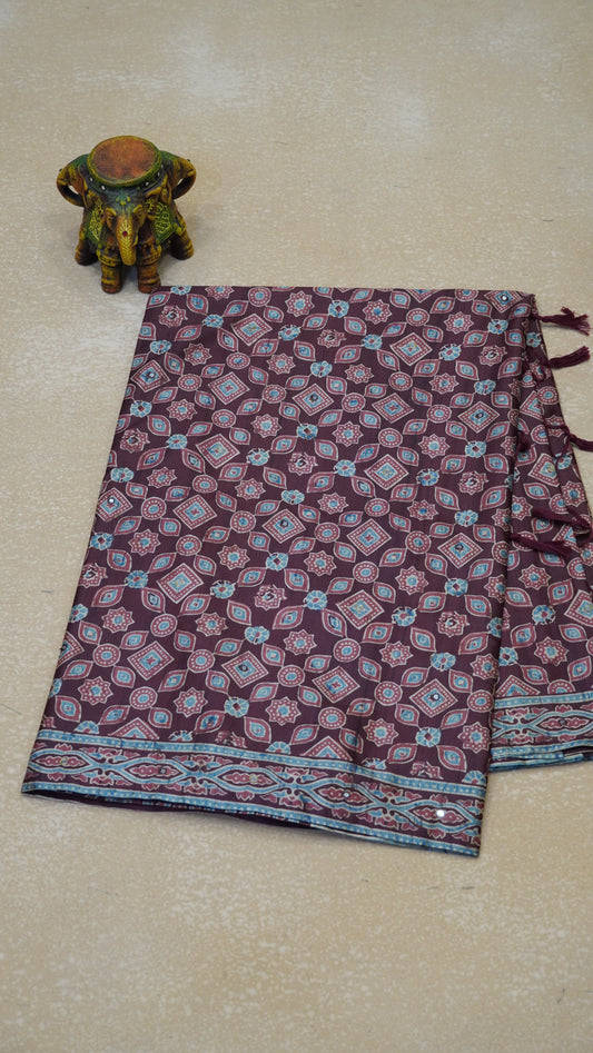 Semi Tussar Saree Ajrakh Print With Mirror Work - Maroon