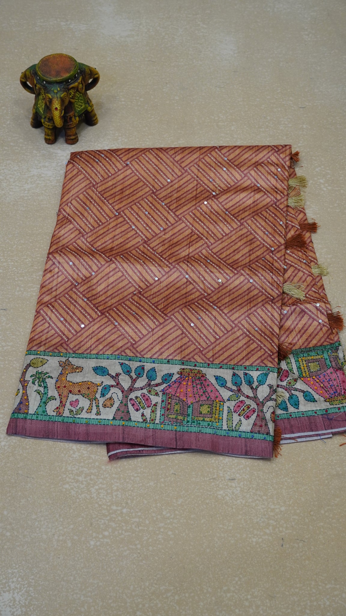 Semi Tussar Saree With French Knot & Kantha Work Zig Zag Checkered Pattern - Orange