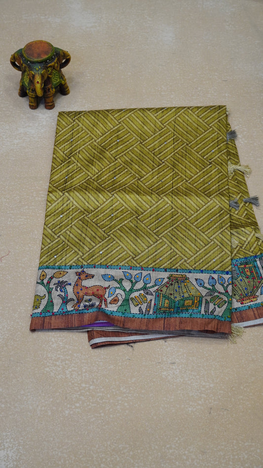 Semi Tussar Saree With French Knot & Kantha Work Zig Zag Checkered Pattern - Mehandi Green