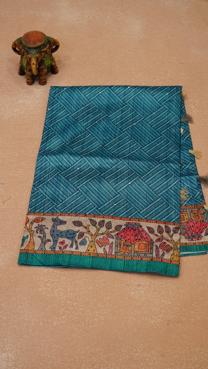 Semi Tussar Saree With French Knot & Kantha Work Zig Zag Checkered Pattern - Blue
