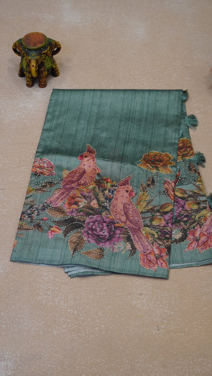 Semi Tussar Saree With  Kantha Work Cockatoo Pattern - Green