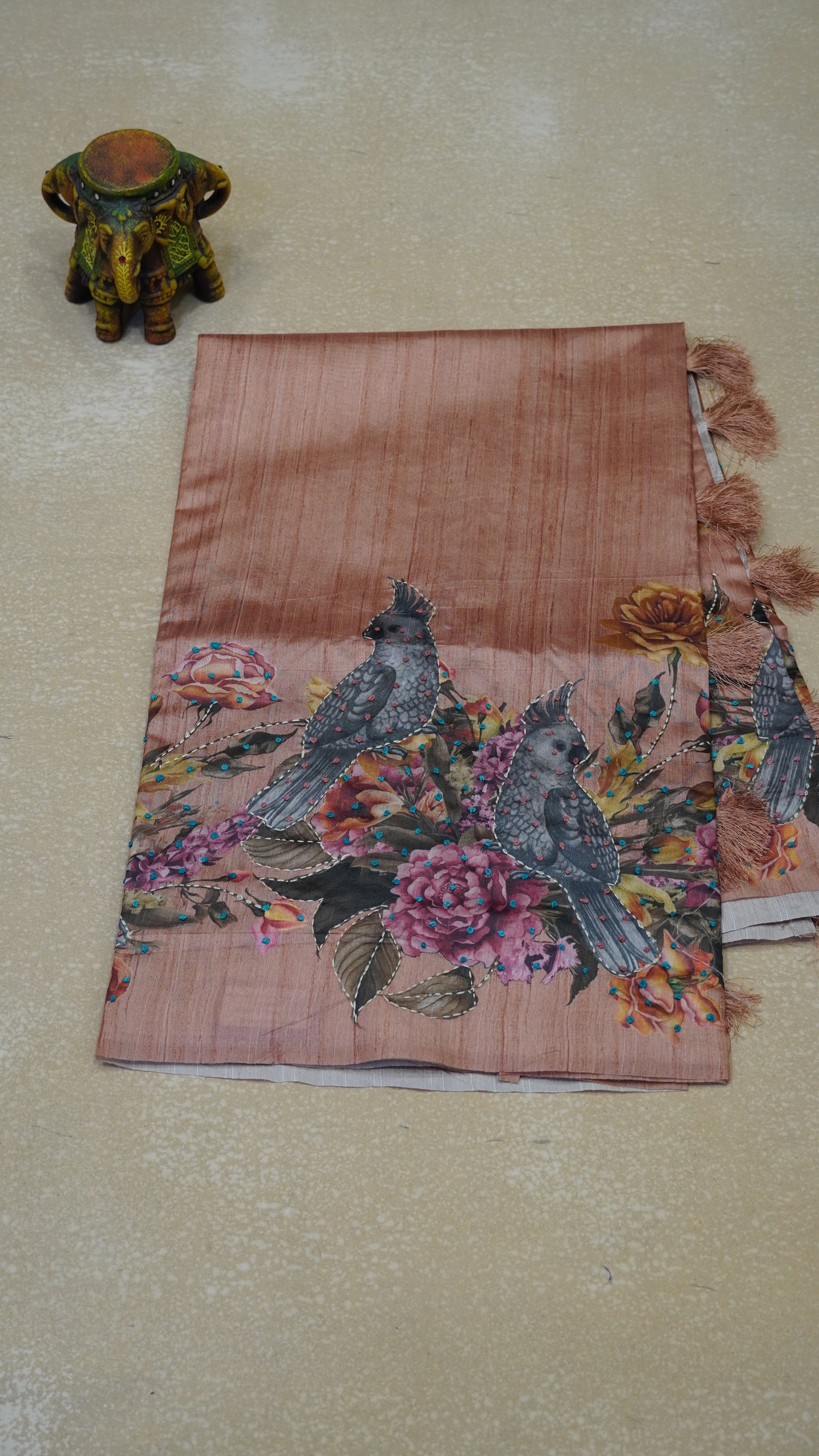 Semi Tussar Saree With  Kantha Work Cockatoo Pattern - Peach