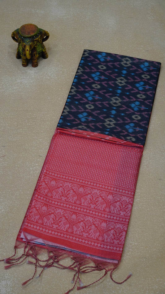 Semi Tussar Saree Ikkat Print - Black to Red