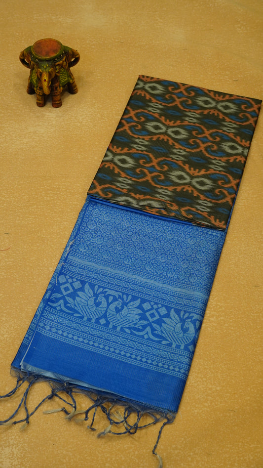 Semi Tussar Saree Ikkat Print - Green to Ink Blue