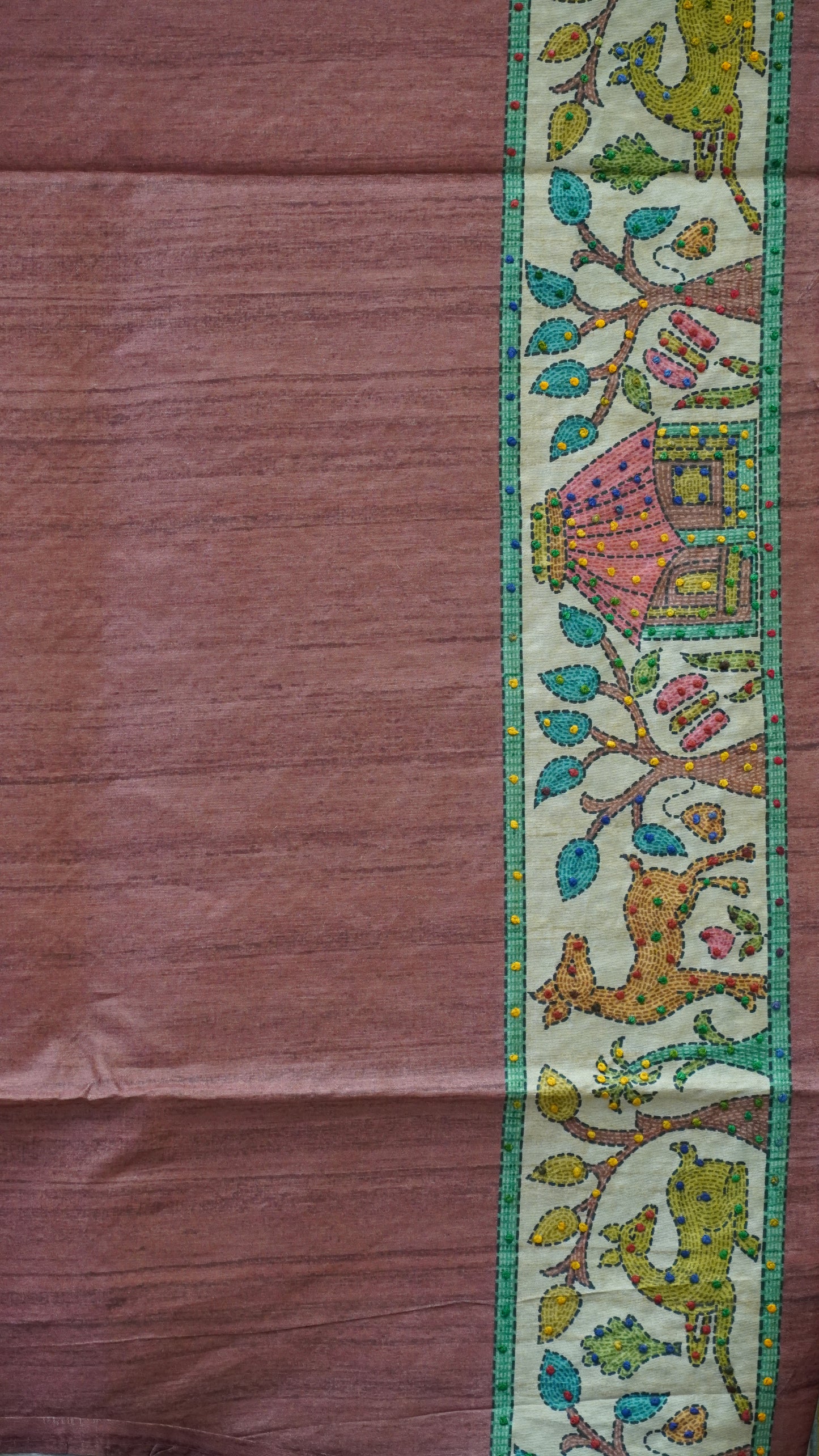 Semi Tussar Saree With French Knot & Kantha Work Zig Zag Checkered Pattern - Orange