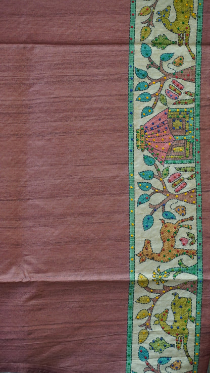 Semi Tussar Saree With French Knot & Kantha Work Zig Zag Checkered Pattern - Orange