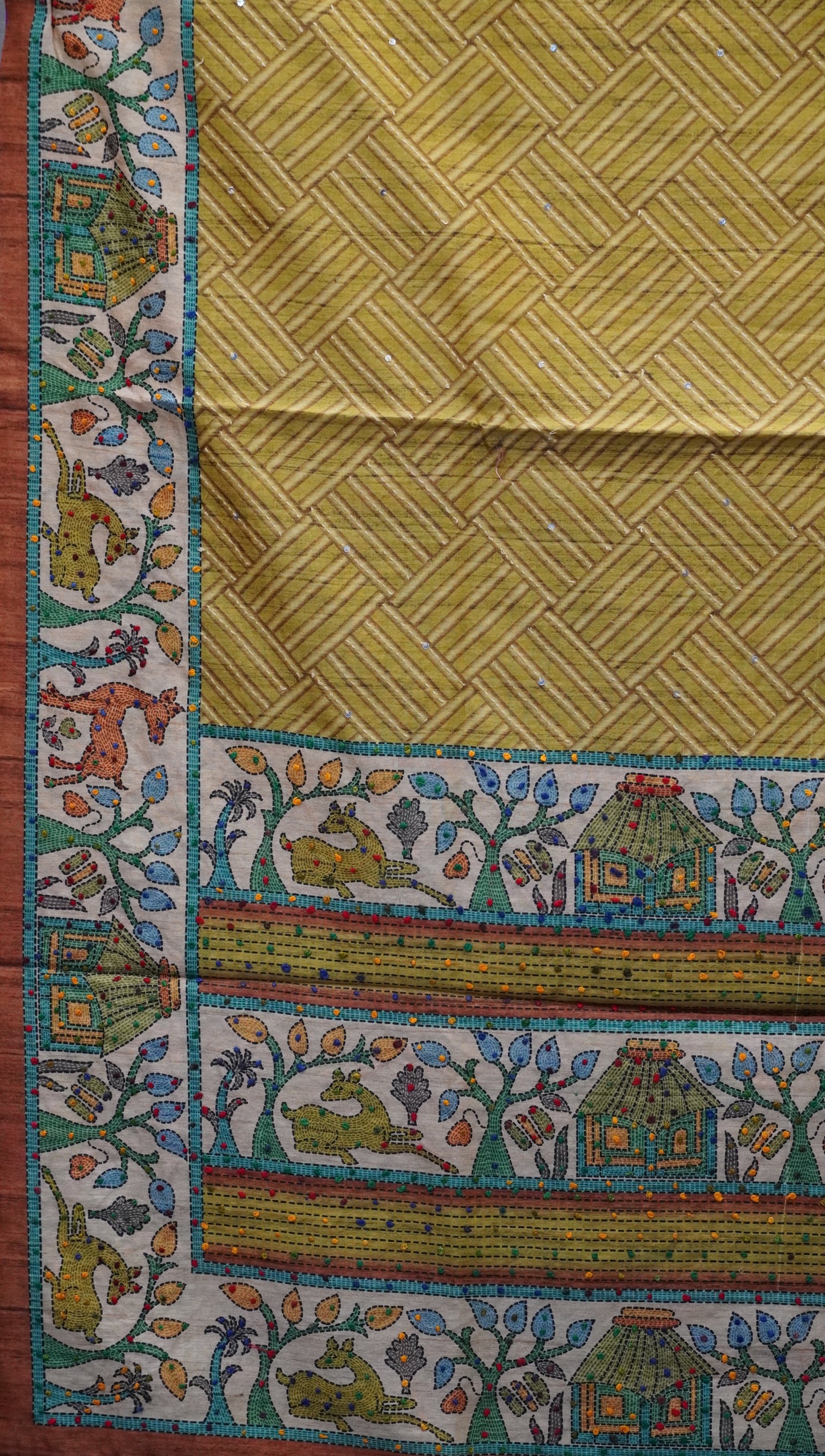 Semi Tussar Saree With French Knot & Kantha Work Zig Zag Checkered Pattern - Mehandi Green