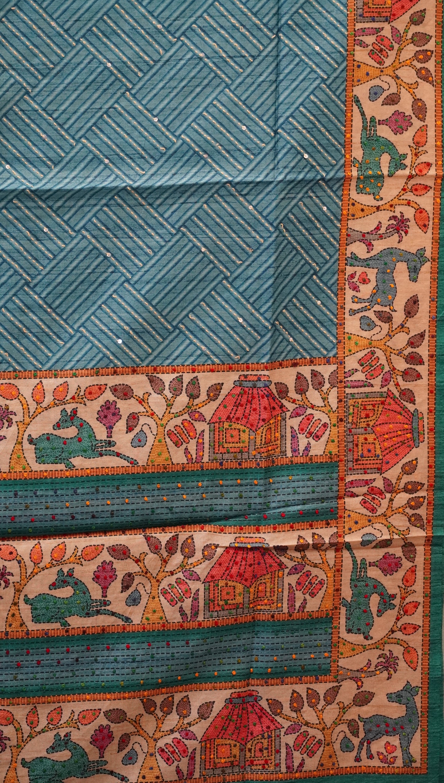 Semi Tussar Saree With French Knot & Kantha Work Zig Zag Checkered Pattern - Blue